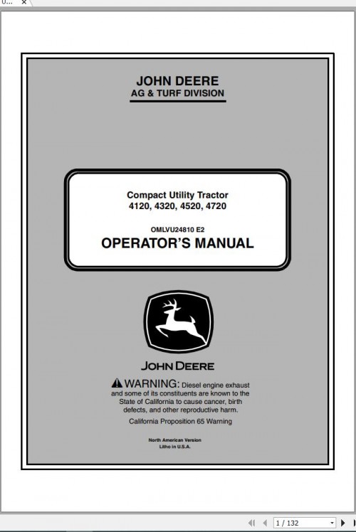 John Deere Compact Utility Tractors 4120 4320 4520 4720 Operator's Manual OMLVU24810 E2 2012 1