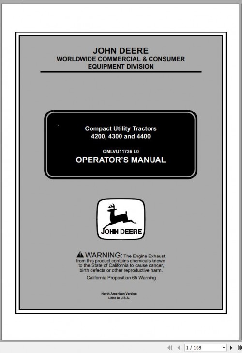 John Deere Compact Utility Tractors 4200 4300 4400 Operator's Manual OMLVU11736 L0 2000 1