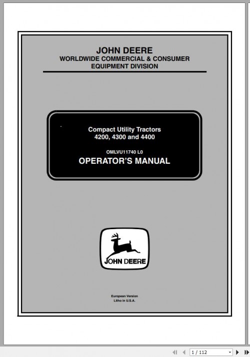 John Deere Compact Utility Tractors 4200 4300 4400 Operator's Manual OMLVU11740 L0 2001 1