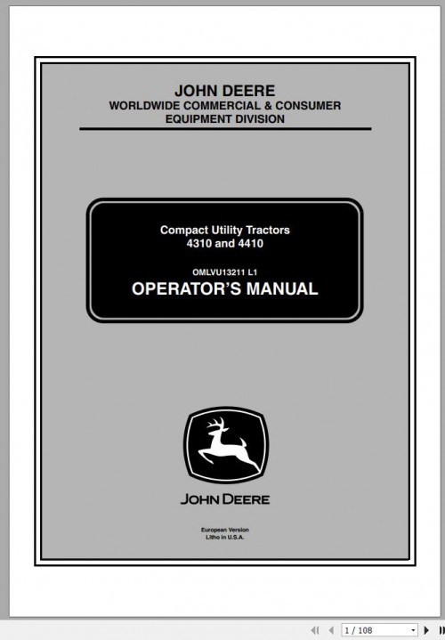 John Deere Compact Utility Tractors 4310 4410 Operator's Manual OMLVU13211 L1 2002 1