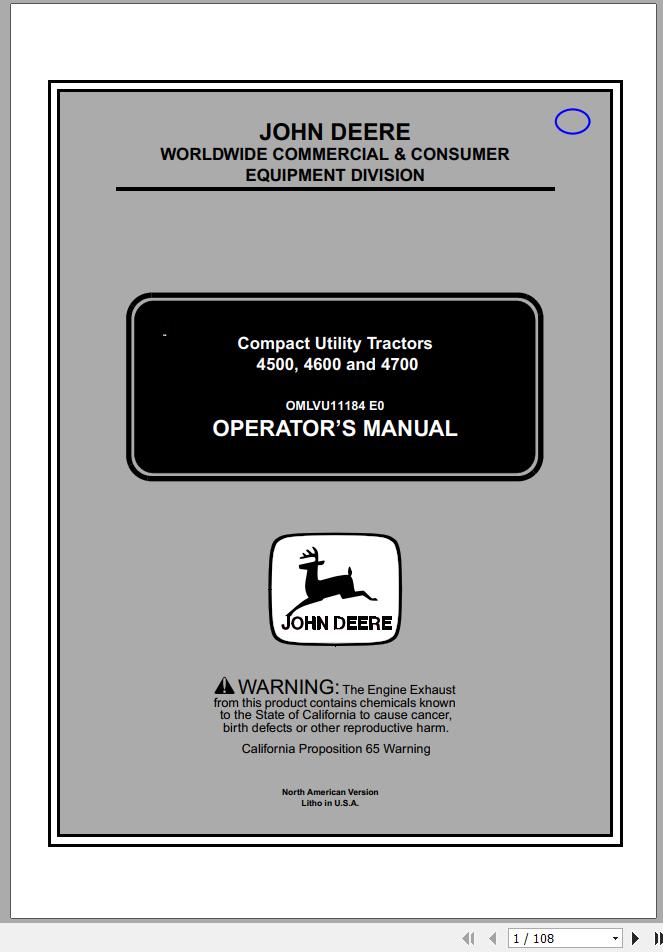 John Deere Compact Utility Tractors 4500 4600 4700 Operator's Manual ...