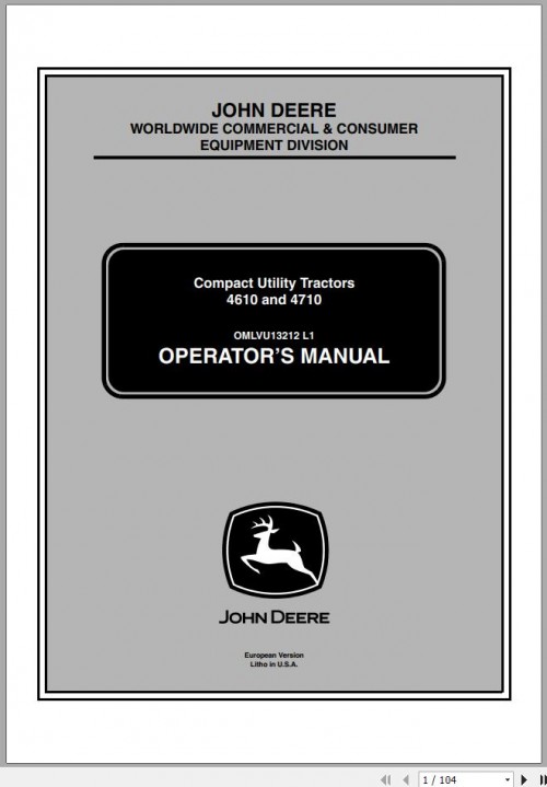 John Deere Compact Utility Tractors 4610 4710 Operator's Manual OMLVU13212 L1 2002 1