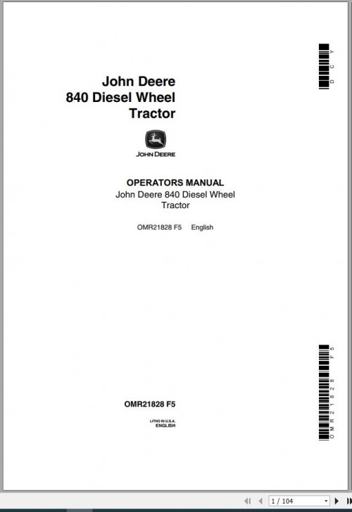 John Deere Diesel Wheel Tractor 840 Operator's Manual OMR21828 F5 1
