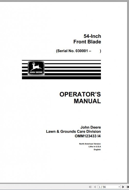 John Deere Front Blade 54 Inch SN 030001 Operator's Manual OMM123433 I4 1