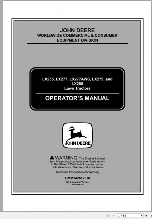 John Deere Lawn Tractor LX255 LX277 LX277AWS LX279 LX288 SN 010101 Operator's Manual OMM142612 C0 20