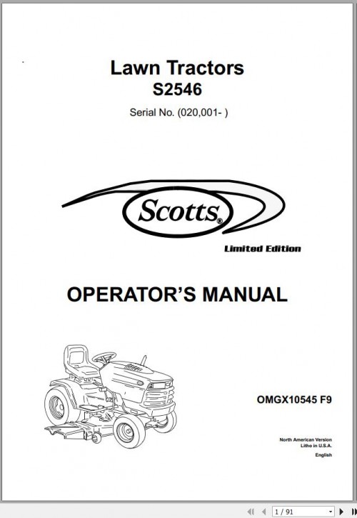 John Deere Lawn Tractor S2546 SN 020001 Operator's Manual OMGX10545 F9 1