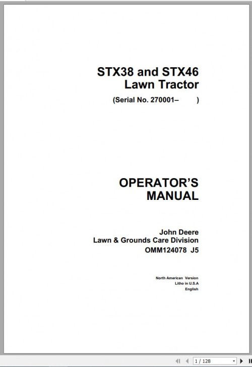 John Deere Lawn Tractor STX38 STX46 SN 270001 Operator's Manual OMM124078 J5 1
