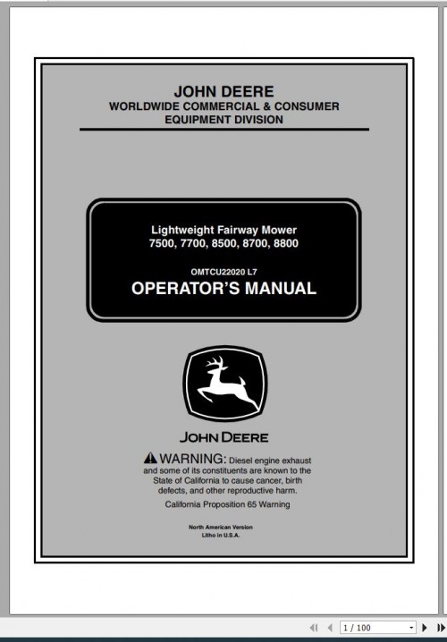 John Deere Lightweight Fairwar Mowers 7500 7700 8500 8700 8800 Operator's Manual OMTCU22020 L7 2007 