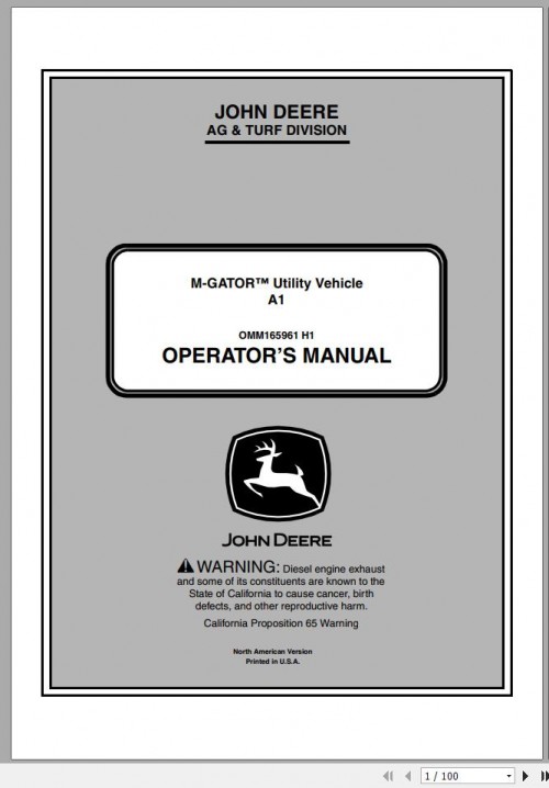 John Deere M Gator Utility Vehicle A1 SN 090001 Operator's Manual OMM165961 H1 2011 1