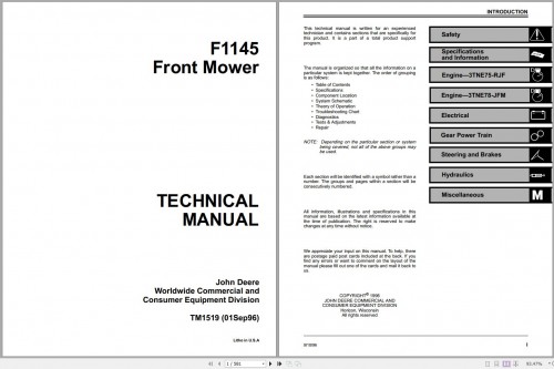 John Deere Front Mower F1145 Technical Manual TM1519 1