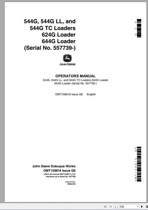 John Deere Loader 544G 644G SN 557739 Operator's Manual OMT159816 G6 1