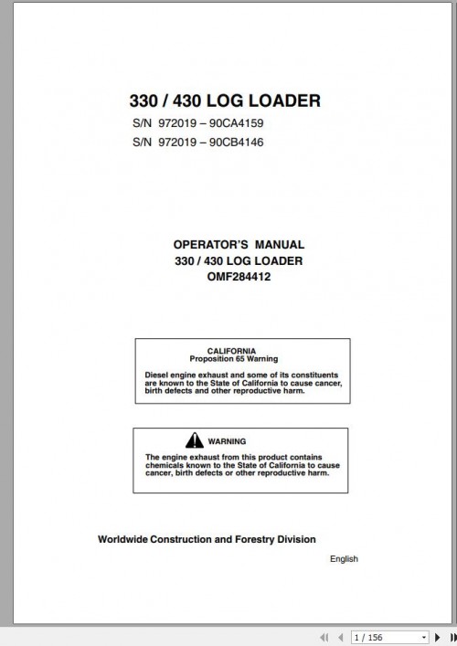John Deere Log Loader 330 430 Operator's Manual OMF284412 1