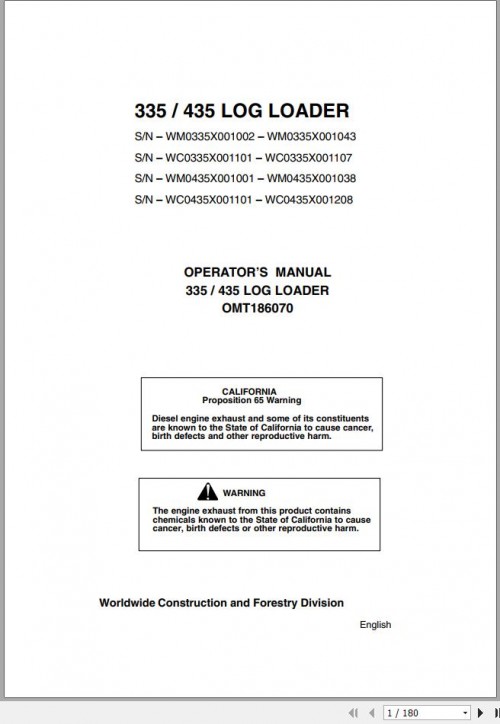 John Deere Log Loader 335 435 Operator's Manual OMT186070 1