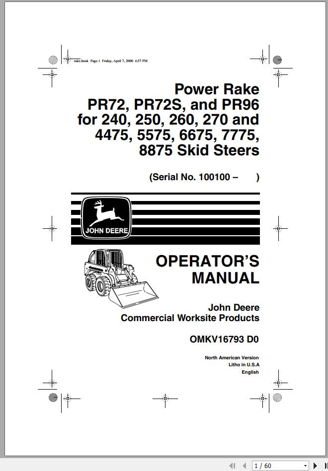 John Deere Skid Steers PR72 PR72S PR96 for 240-8875 Operator's Manual ...