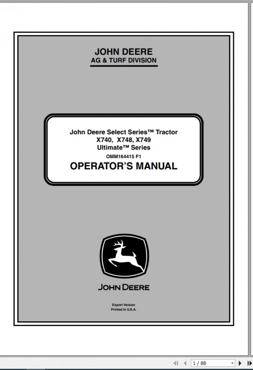 John Deere Tractor X740 X748 X749 SN 070001 Operator's Manual OMM164415 F1 2011 1