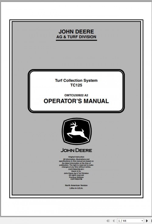 John Deere Turf Collection System TC125 Operator's Manual OMTCU30922 A2 2011 1