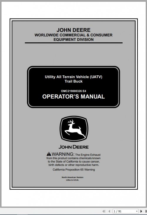 John Deere Utility All Terrain Vehicle UATV Trail Buck Operator's Manual OMC219000326 E4 1