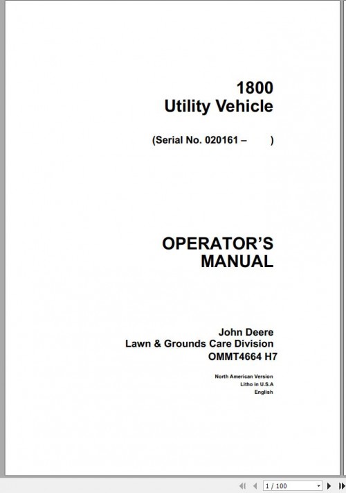 John Deere Utility Vehicle 1800 SN 020161 Operator's Manual OMMT4664 H7 1