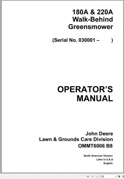 John Deere Walk Behind Greensmower 180A 220A SN 030001 Operator's Manual OMMT6006 B8 1
