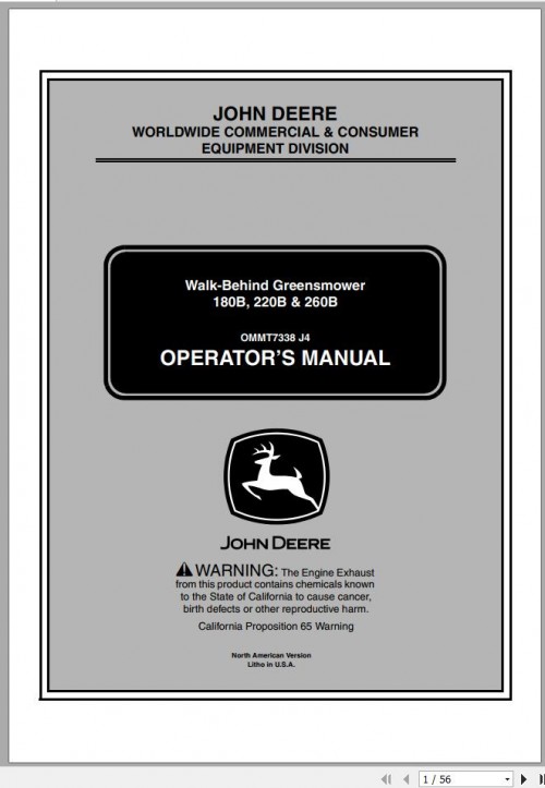 John Deere Walk Behind Greensmower 180B 220B 260B Operator's Manual OMMT7338 J4 2004 1