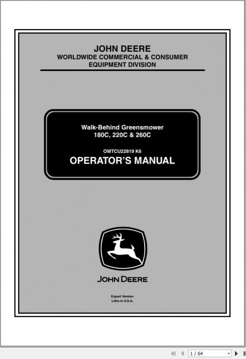 John Deere Walk Behind Greensmower 180C 220C 260C Operator's Manual OMTCU22819 K6 2007 1