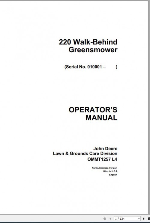 John Deere Walk Behind Mowers 220 Operator's Manual OMMT1257 L4 1
