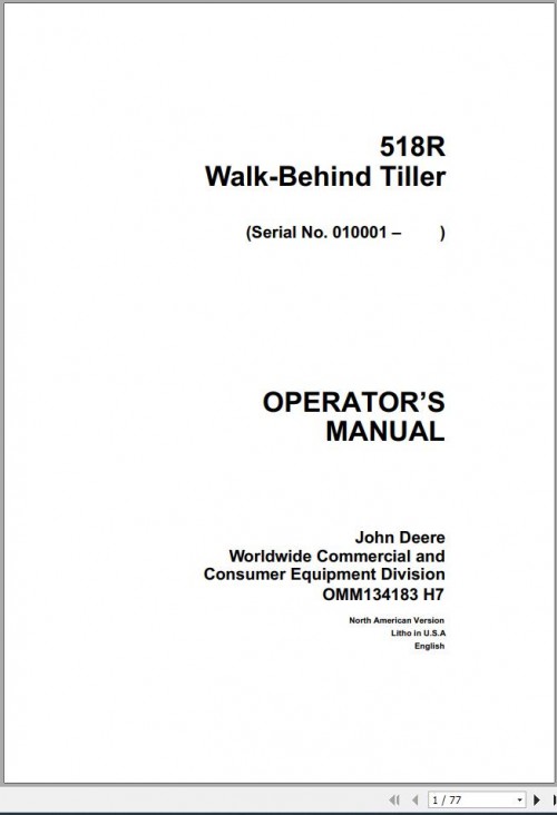 John Deere Walk Behind Tiller 518R SN 010001 Operator's Manual OMM134183 H7 1