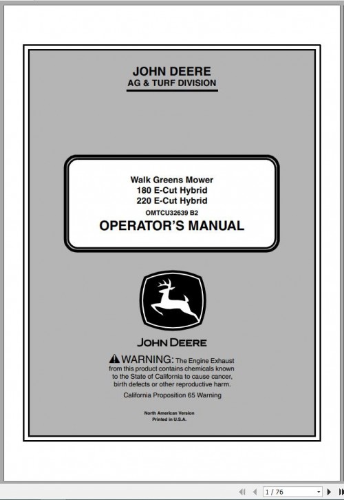 John Deere Walk Greens Mower 180 220 E Cut Hybrid Operator's Manual OMTCU32639 B2 2012 1