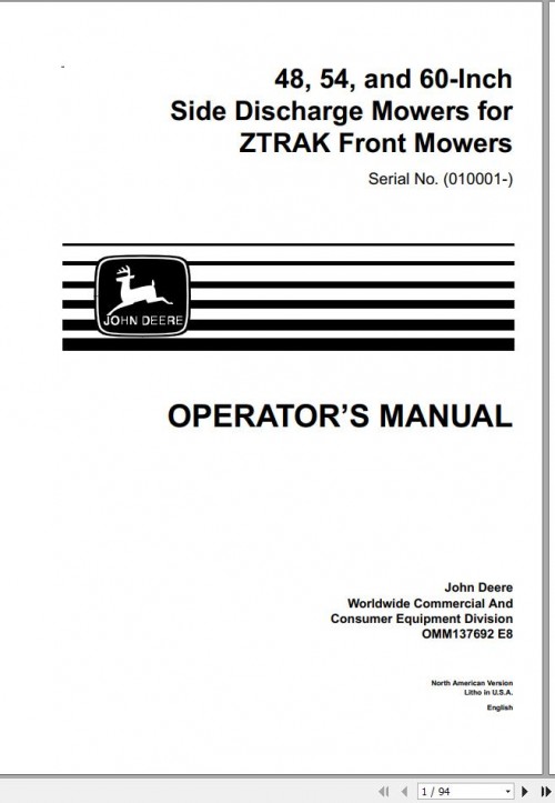 John Deere Z Trak 48 54 60 Inch Side Discharge Mowers Operator's Manual OMM137692 E8 1