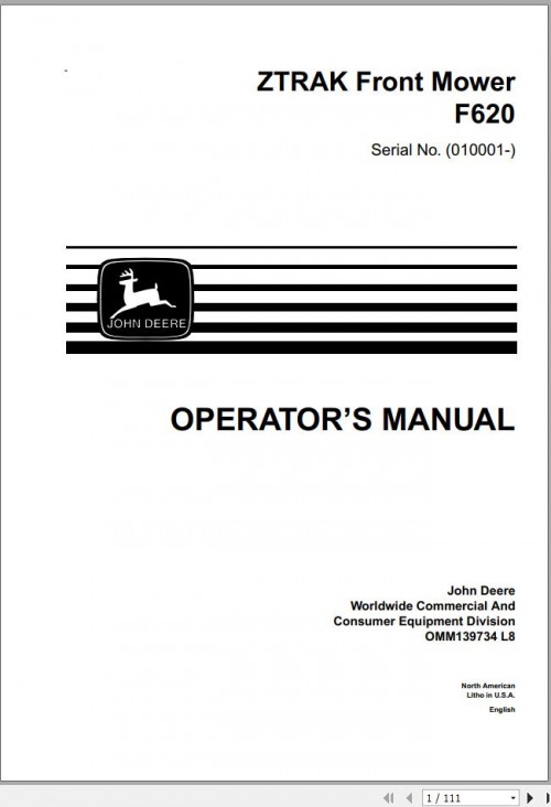 John Deere Z Trak Front Mower F620 SN 010001 Operator's Manual OMM139734 L8 1