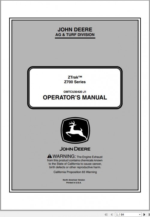 John Deere Ztrak Z700 Series SN 030001 Operator's Manual OMTCU30420 J1 2011 1