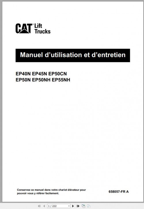 CAT Forklift EP40N EP45N EP50CN EP50N EP50NH EP55NH Operation & Maintenance Service Manual EN ES FR 