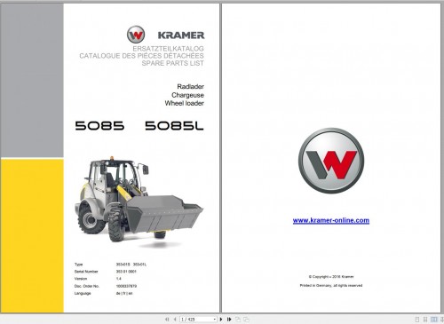 Wacker Neuson Kramer Allrad Wheel Loaders 5085 5085L System Handbook, Operator's, Repair & Parts Man