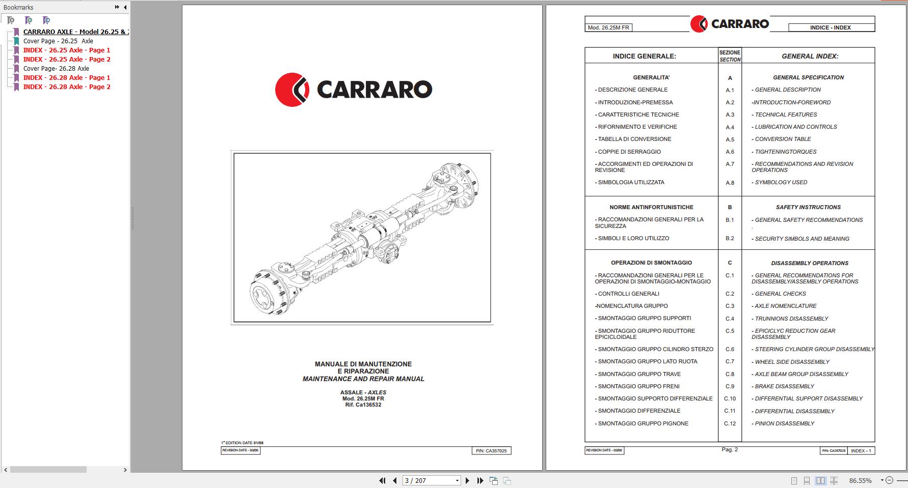 Carraro Axle 26.25 & 26.28 Maintenance & Repair Manual 908483 Auto