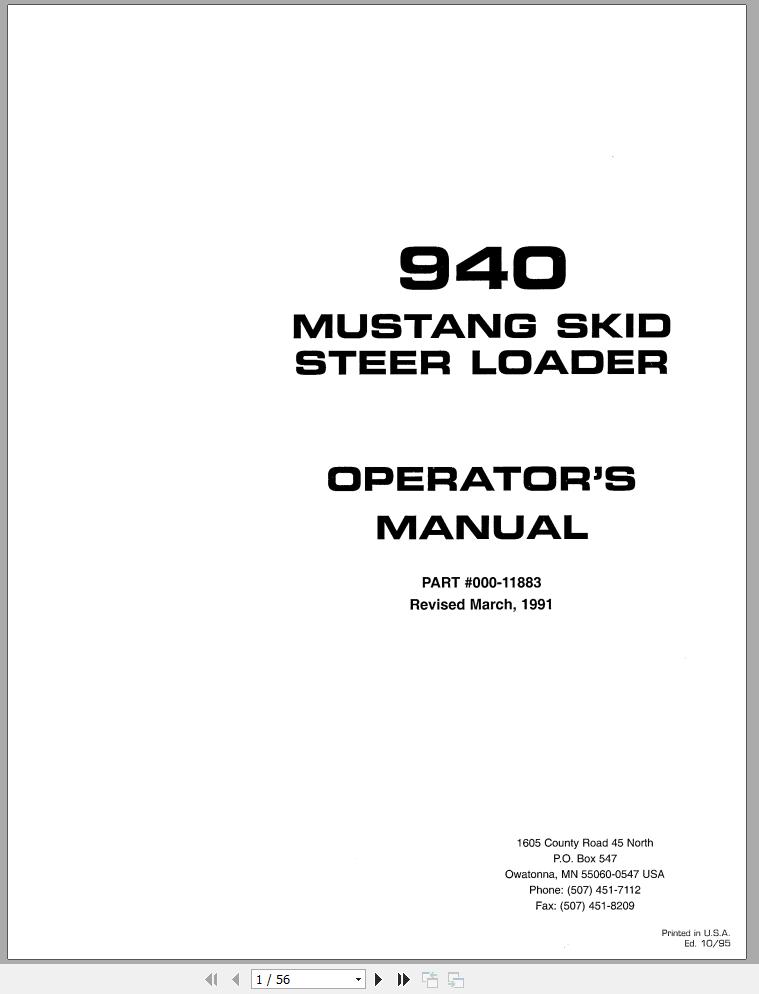 Mustang Skid Steer Loader 940 Operators Manual 000-11883A | Auto Repair ...