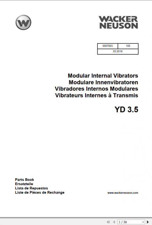 Wacker Neuso Concrete Modular Internal Vibrators YD3.5 Spare Parts Catalog 03 2016 0007003 1