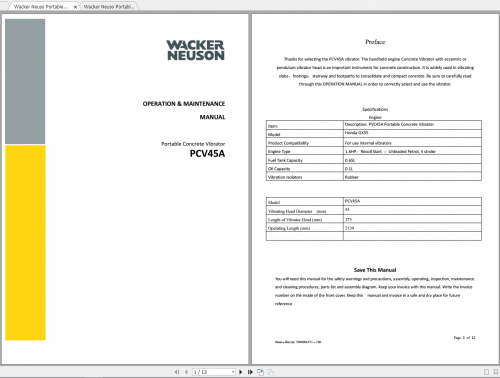 Wacker Neuso Portable Vibrators PCV45A Operation & Maintenance Manual 1