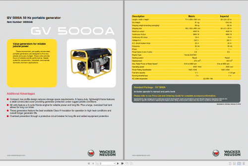 Wacker Neuson Generators GV5000A Maintenance Schedule & Specs 1