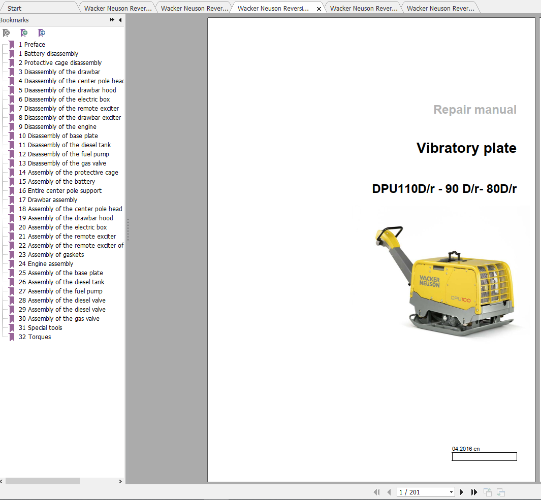 Wacker Neuson Reversible Vibratory Plates Dpu110lec870 Operator Repair And Parts Manual