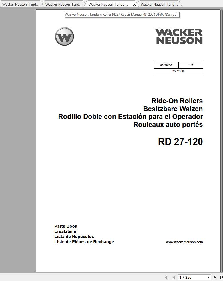 Wacker Neuson Tandem Roller Rd Operator Service Manual Spare Parts