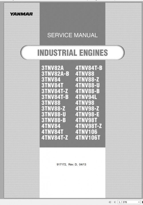 Yanmar Engines Tier 3, 4 3TNV82A 4TNV106T Electronic Control Troubleshooting Manual 917172D (1)