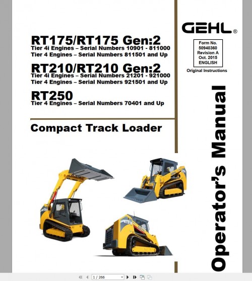 Gehl Compact Track Loader RT175 RT175 GEN2 RT210 RT210 GEN2 RT250 Operator's Manual 50940360 10 (1)