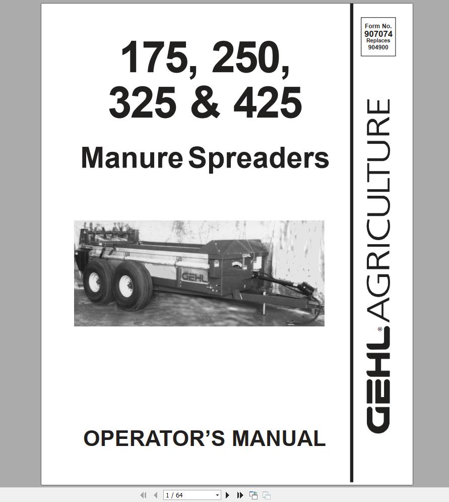 Gehl Manure Spreaders MS175 MS250 MS325 MS425 Operator's Manual 907074B ...