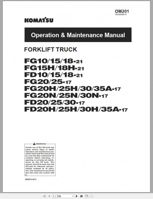 Komatsu Forklift Truck FD15 21 M223 200001 & up Operation & Maintenance Manual OM201 (1)