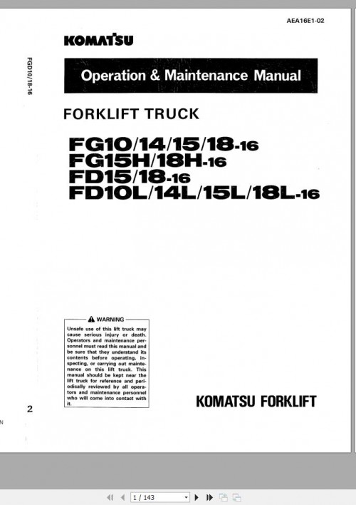 Komatsu Forklift Truck FD18L 16 622001 & up Operation & Maintenance Manual AEA16E1 02 (1)
