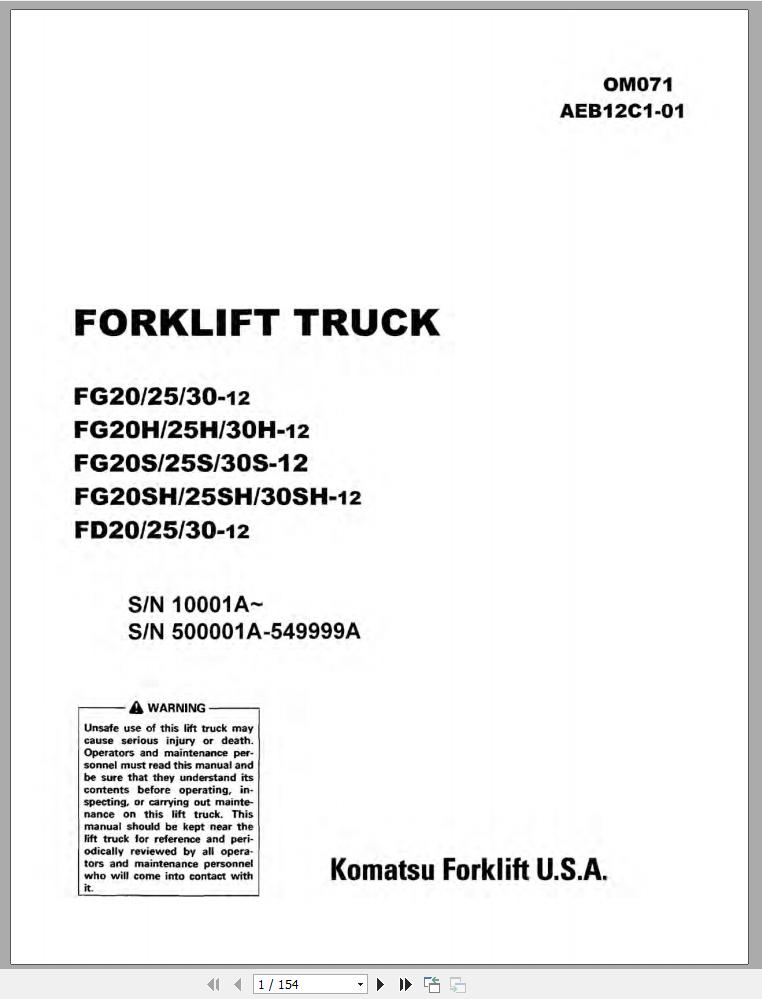 Komatsu Forklift Truck FG25ST-12 10001A & up Operation & Maintenance ...