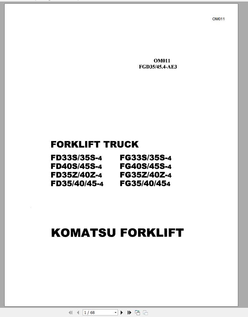 Komatsu Forklift Truck FG45T-4 Operation & Maintenance Manual OM011 ...