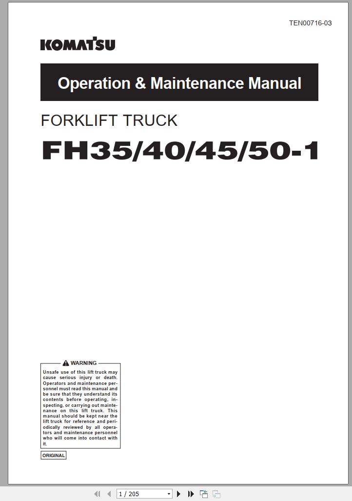 Komatsu Forklift Truck FH40-1 FH45-1 FH50-1 139200 & up Operation ...