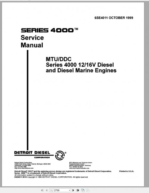 MTU Diesel Series 4000 12V 16V and Diesel Marine Engines Service Manual 6SE4011 1999