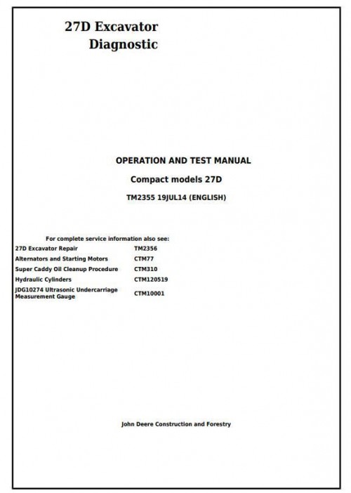 [JD CF] John Deere Excavator 27D Diagnostic Operation & Test Technical Manual EN TM2355 1